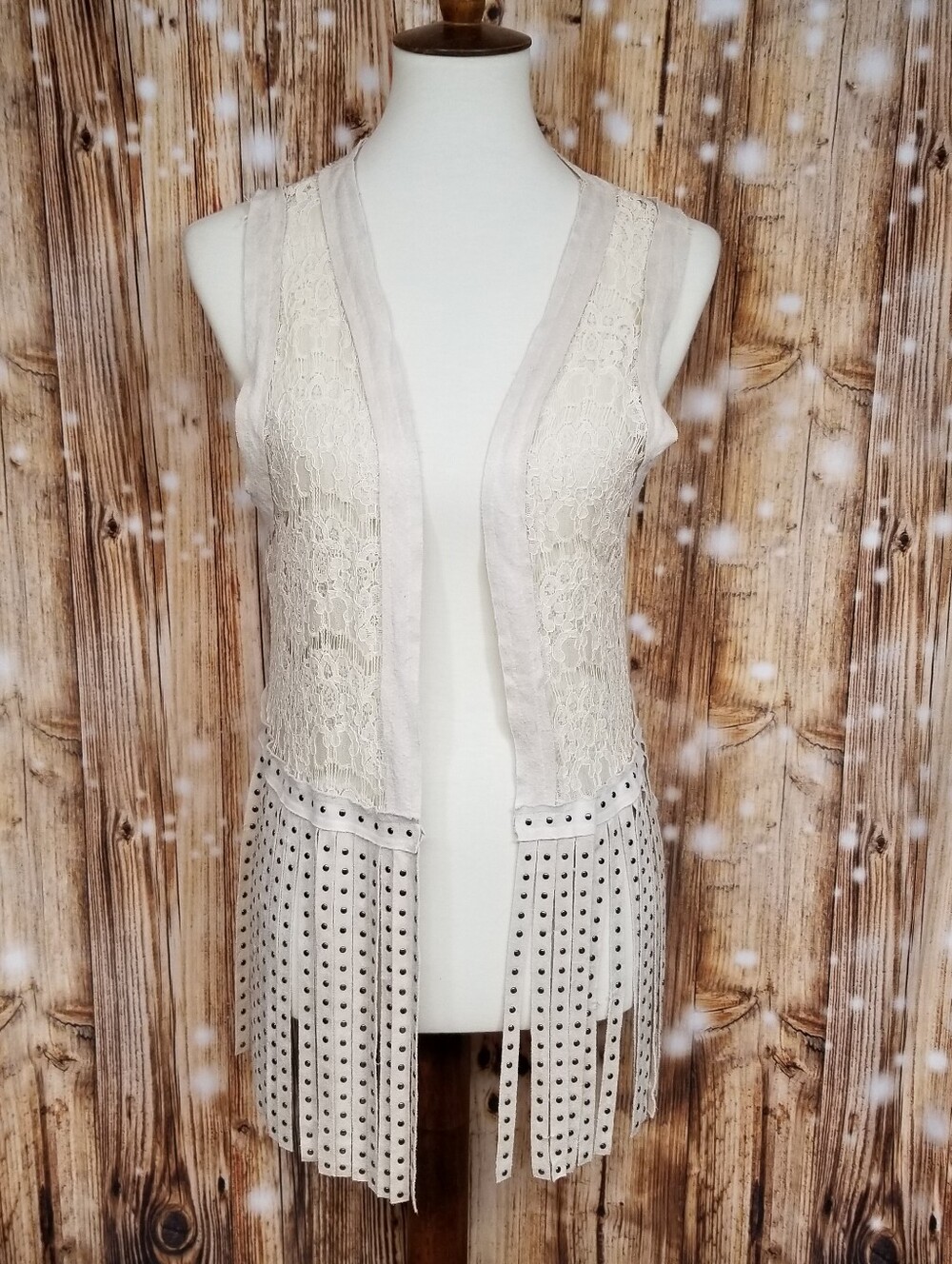Vocal USA Womens Ivory Lace Fringe Size Large Faux Suede Studded Western Vest